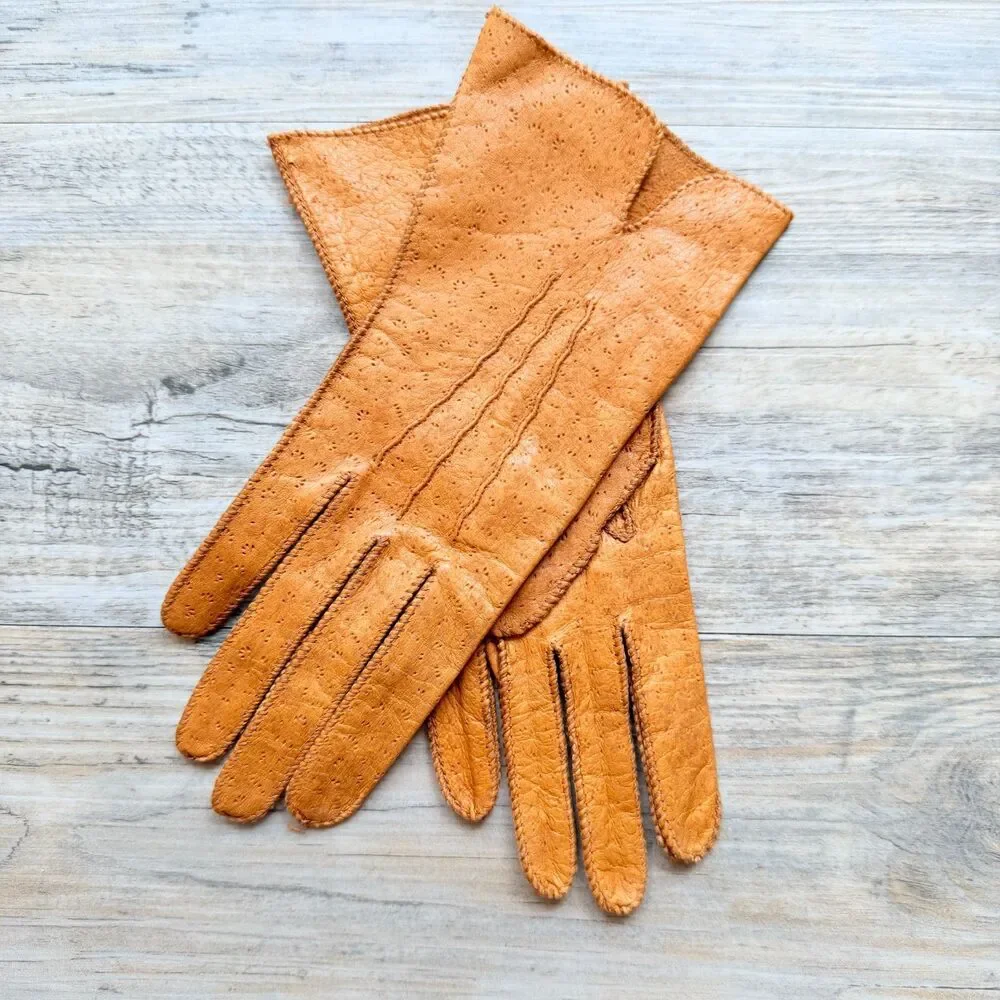 Vintage Peccary Leather Gloves Tan Soft Driving Dress Unlined Classic Pigskin